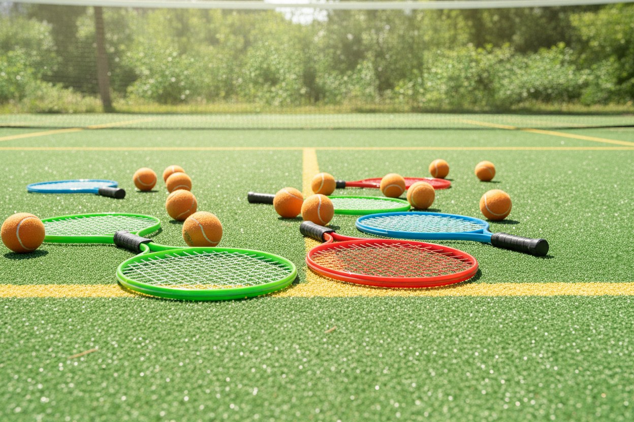 Renkli çocuk tenis kortunda raketler ve toplar